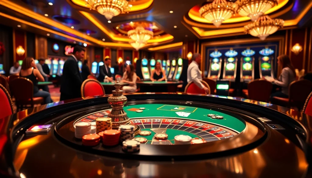 Players enjoying games at a luxurious casino featuring elements from https://www.6rwin55.com/ with roulette and poker.