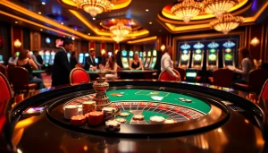 Players enjoying games at a luxurious casino featuring elements from https://www.6rwin55.com/ with roulette and poker.