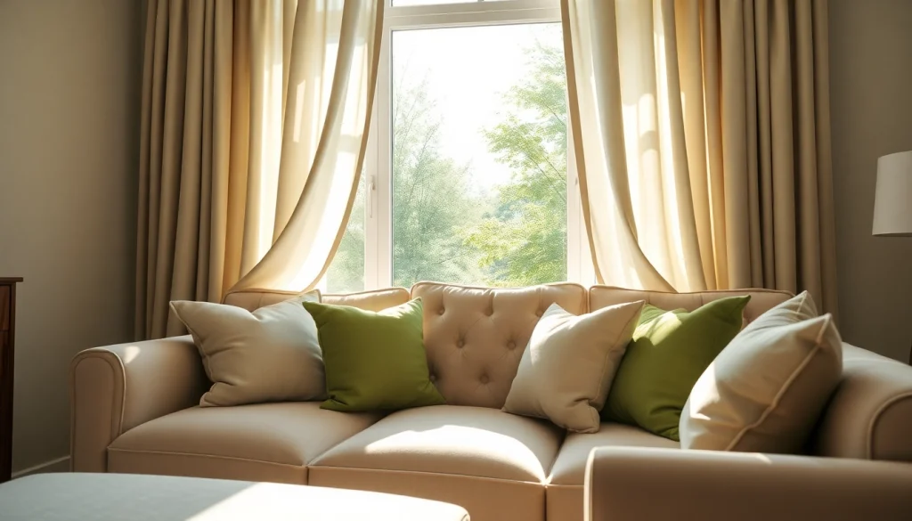 Verduisterende gordijnen accentueren een stijlvolle woonruimte met natuurlijke verlichting.