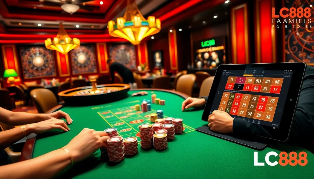 Experience the excitement of TRANG CHỦ LC88 with luxurious casino visuals highlighting poker and roulette.