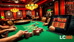 Experience the excitement of TRANG CHỦ LC88 with luxurious casino visuals highlighting poker and roulette.
