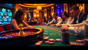 Go8 players experience excitement at a glamorous casino table with vibrant lighting and rich textures.