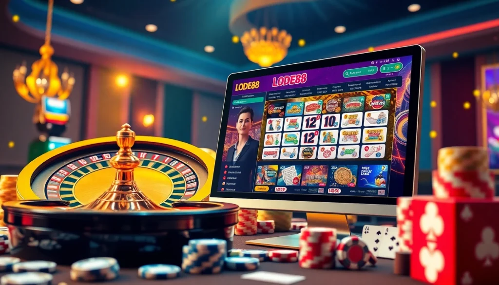 Experience thrilling bets at LODE88 with vibrant casino graphics and exciting games.