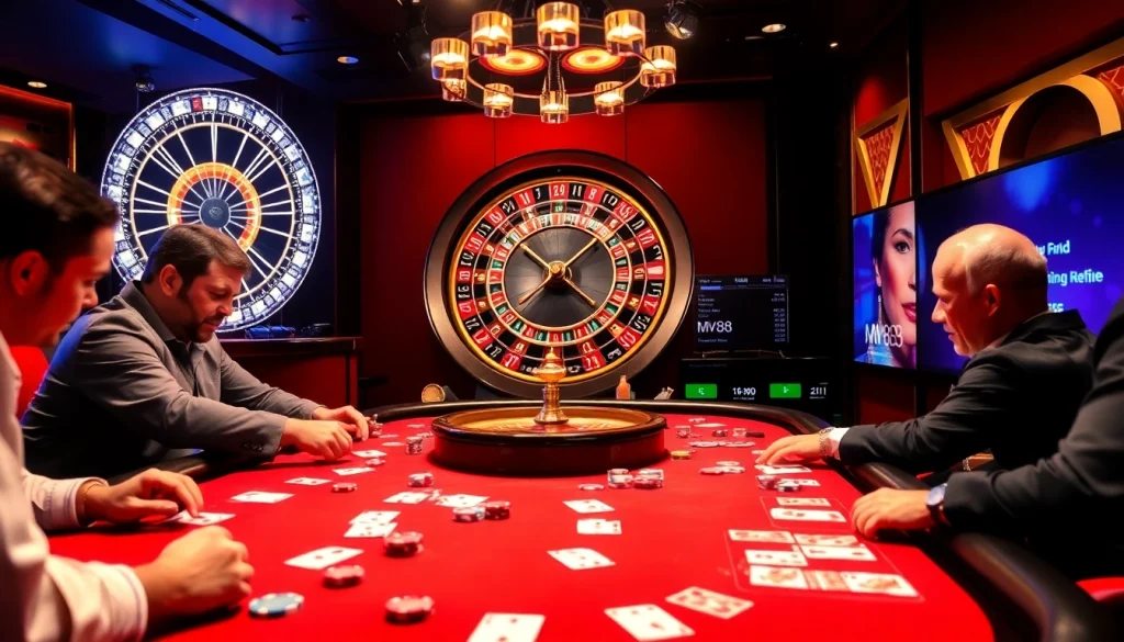 Players engaging at a dynamic poker table while experiencing MV88 gaming excitement.