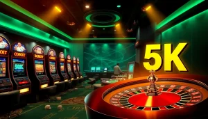 Interior kasino yang menarik menampilkan opsi situs deposit 5k dengan mesin slot berwarna-warni dan gameplay poker.