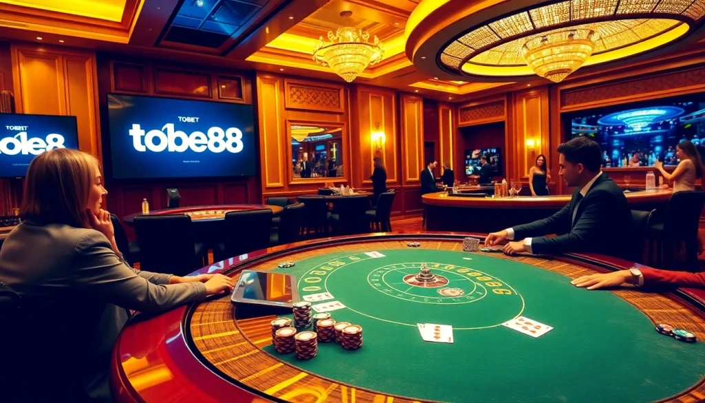 Enjoy an intense poker game at tobet88's luxurious casino scene with vibrant colors and engaging gameplay.