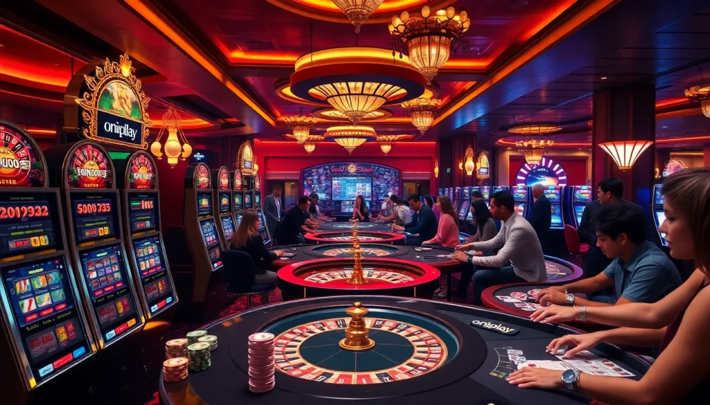 Exciting gambling scene featuring luxury slot machines and poker tables at onicplay casino.