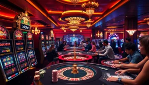 Exciting gambling scene featuring luxury slot machines and poker tables at onicplay casino.