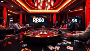 RR88 casino atmosphere with engaging players at a roulette table and vibrant gaming elements.