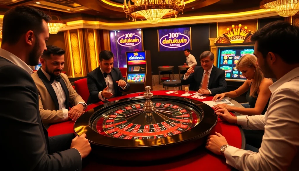 Pemain merayakan momen kemenangan di kasino datukwin yang ramai, menampilkan sensasi roulette dan poker.