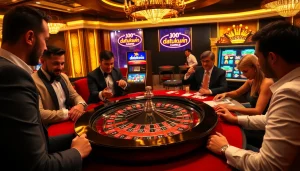 Pemain merayakan momen kemenangan di kasino datukwin yang ramai, menampilkan sensasi roulette dan poker.