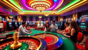 Participants celebrating their wins at a luck8 casino with vibrant gaming tables and slot machines.