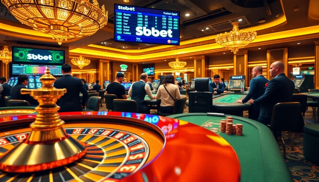 Sbobet sports betting atmosphere showcasing excited players at a roulette wheel and poker table.