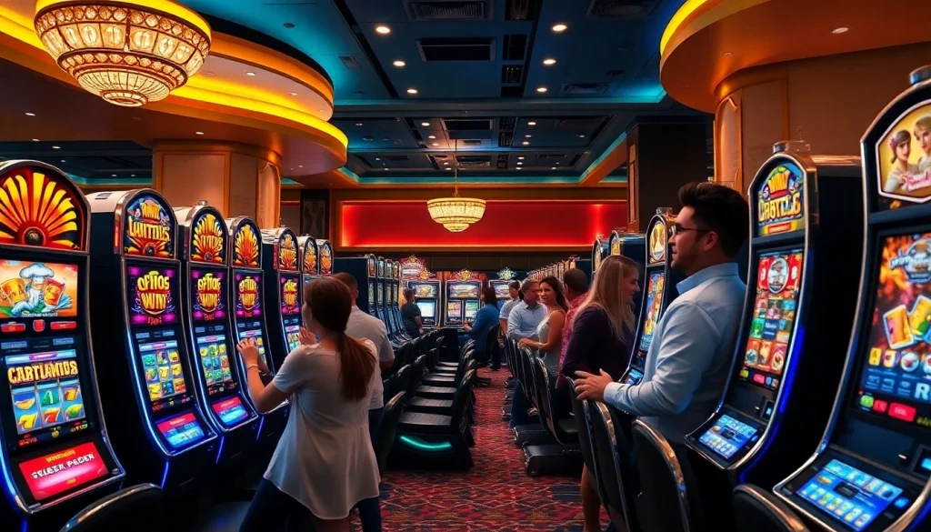 Spinning slot machines in a luxurious casino hall filled with lively players and colorful graphics.