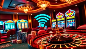Experience the thrill of online gambling at https://gg88.biz/ with vibrant casino visuals showcasing poker chips and a roulette wheel.