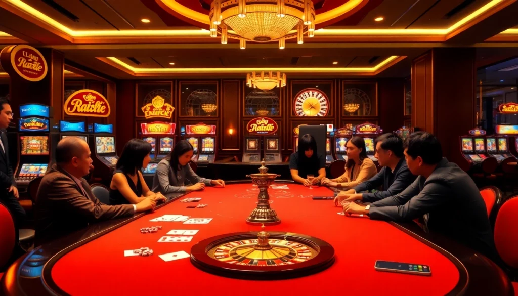 Players at a stylish gaming table enjoying an exciting moment together at Liên Minh KJC casino.