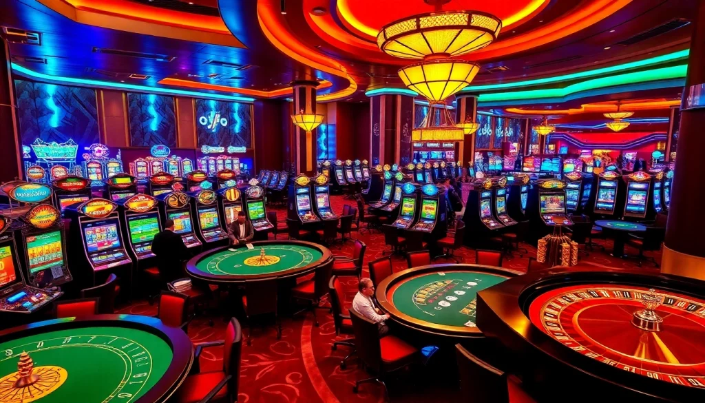 Players enjoying a vibrant casino experience at MM88 with tables and slot machines.
