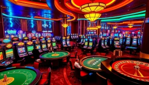 Players enjoying a vibrant casino experience at MM88 with tables and slot machines.