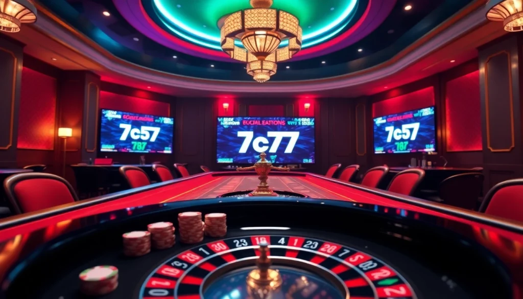 Experience excitement with the 7c77 app in a luxurious casino setting featuring poker chips and a roulette wheel.
