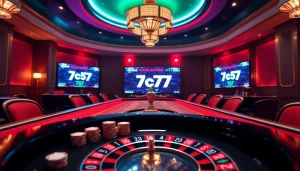 Experience excitement with the 7c77 app in a luxurious casino setting featuring poker chips and a roulette wheel.