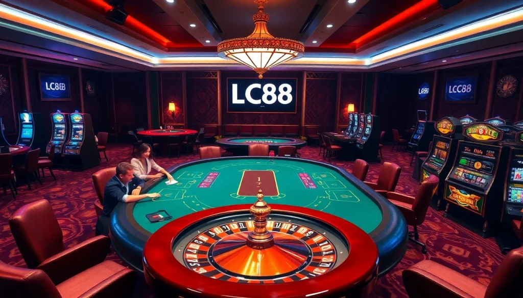 Experience the excitement at Lc88 with a glamorous casino scene showcasing vibrant gambling activities.