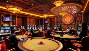 Playing games at nhà cái PS99, featuring lively casino tables and vibrant betting activities.