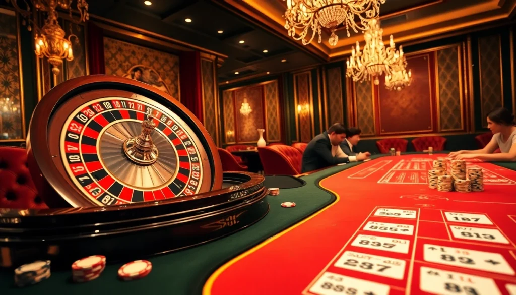 Experience the thrill of gambling with 88i branded poker chips and an elegant roulette wheel in a luxurious casino.