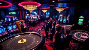 Experience the thrill of FLY88 with vibrant slot machines and excited players at the casino.