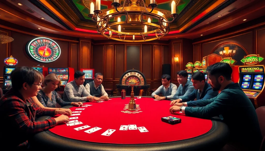 Players feeling the thrill of high-stakes gameplay at https://j88com.today/ casino with vibrant poker table.
