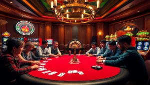 Players feeling the thrill of high-stakes gameplay at https://j88com.today/ casino with vibrant poker table.