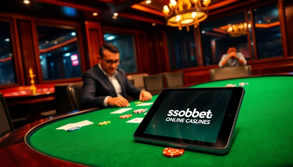 Sbobet digital betting interface displayed within an exciting casino atmosphere featuring elite gamblers and poker chips.