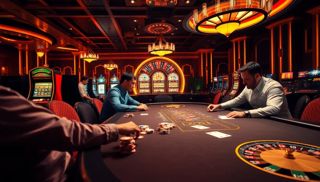 Players engage in an exciting game vmax at a high-stakes poker table surrounded by casino glamour.