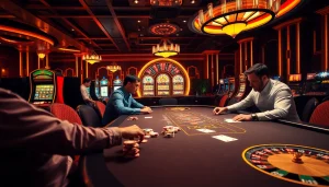 Players engage in an exciting game vmax at a high-stakes poker table surrounded by casino glamour.