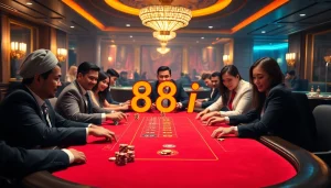 Players enjoying a high-stakes poker game at a casino table showcasing the elegant 88i design.
