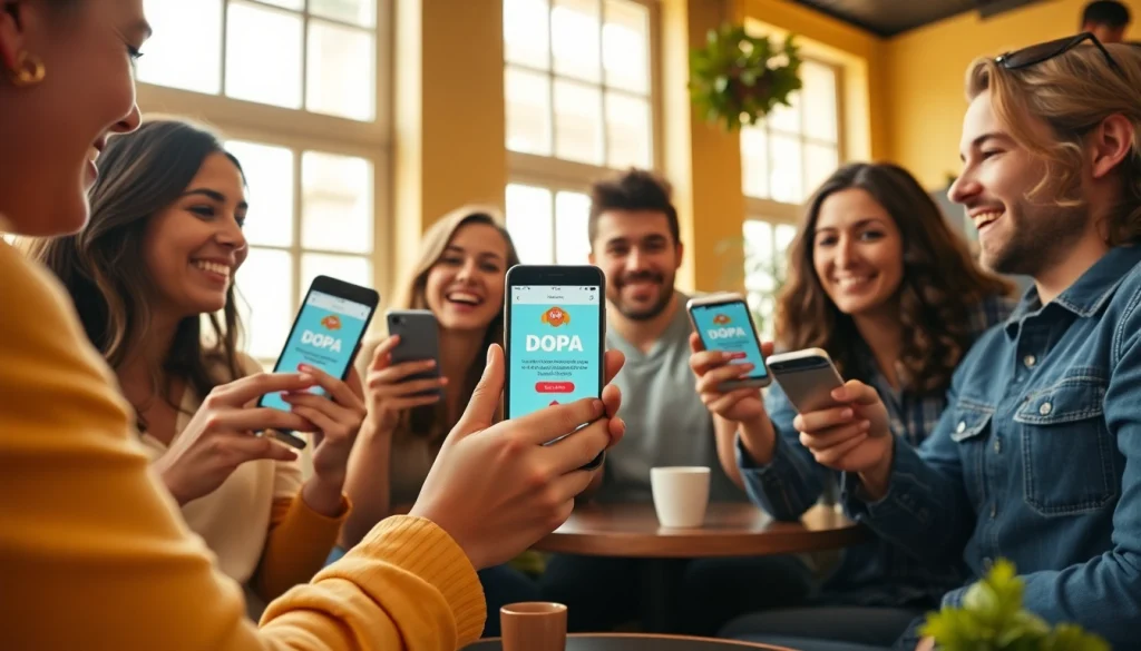 居心地の良いカフェで友人とDOPA招待コードを共有している場面。