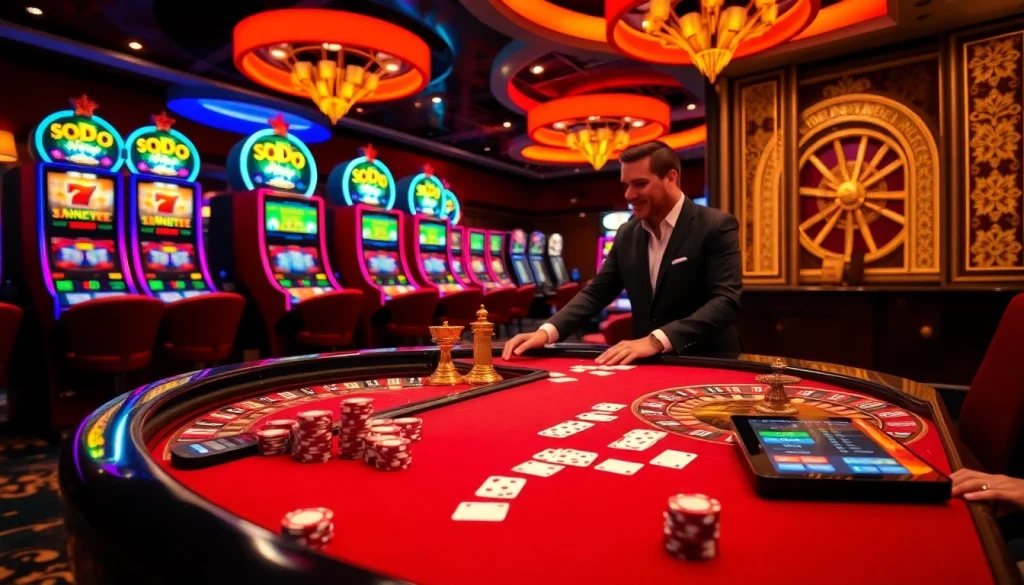 Exciting casino scene at SODO featuring a dealer with poker chips and roulette wheel.