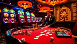 Exciting casino scene at SODO featuring a dealer with poker chips and roulette wheel.