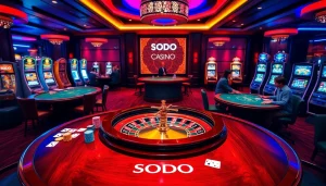 SODO casino experience with players at elegant tables showcasing poker and roulette excitement.