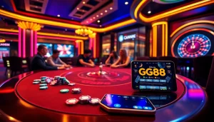 Gamblers playing poker with colorful chips at GG88's online casino interface.