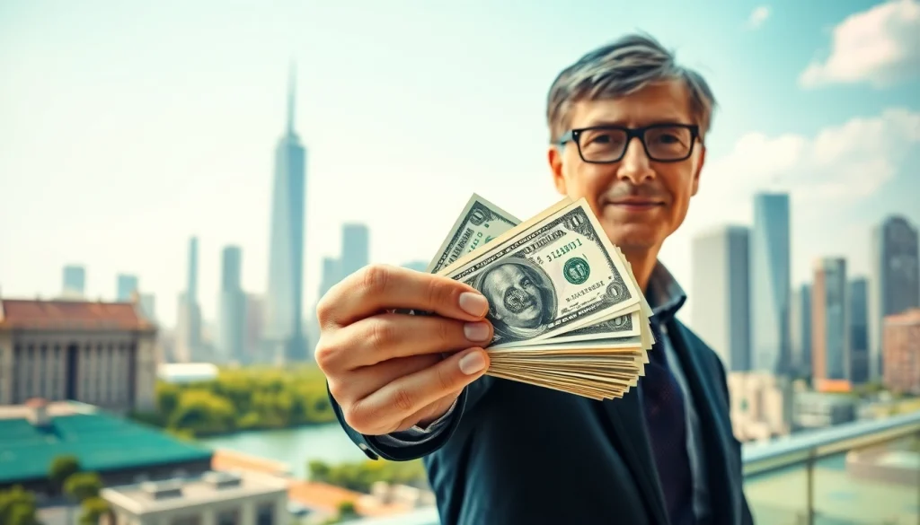 Dynamic scene showing how to spend Bill Gates money with a businessman and city skyline.