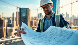 New York City Commercial General Contractor evaluating plans at a bustling construction site.
