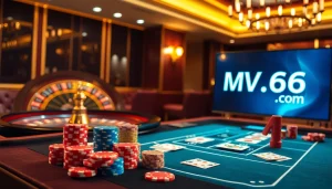 Experience thrilling gaming action at MV66.com with vibrant casino tables and poker chips.