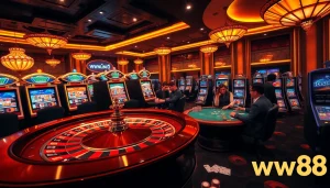 Players engaging in thrilling casino games with ww88 branded poker chips and exciting slot machines.