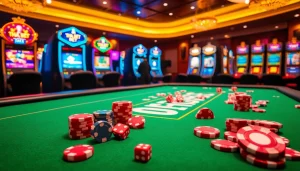 THA BET gaming table with colorful poker chips and dice in a luxurious casino setting.