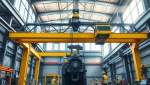 Bridge crane lifting heavy machinery in a bright industrial setting, showcasing safety and efficiency.