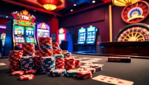 Experience the excitement of TT88 in a glamorous casino with poker chips and slot machines.