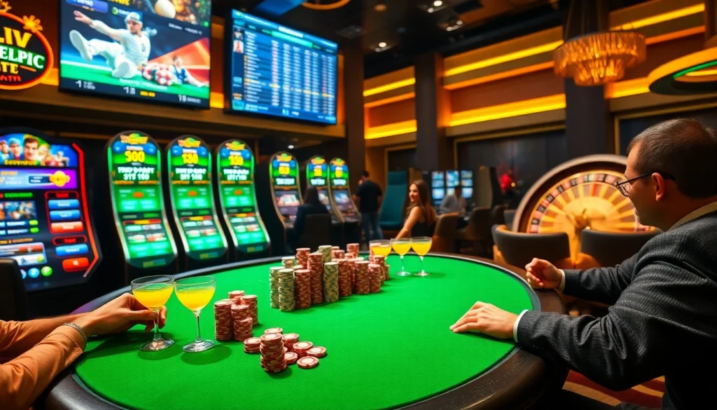 Exciting gambling scene depicting poker action and vibrant slot machines at https://okwin.blog/ with players enjoying their game.