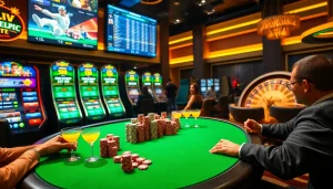 Exciting gambling scene depicting poker action and vibrant slot machines at https://okwin.blog/ with players enjoying their game.