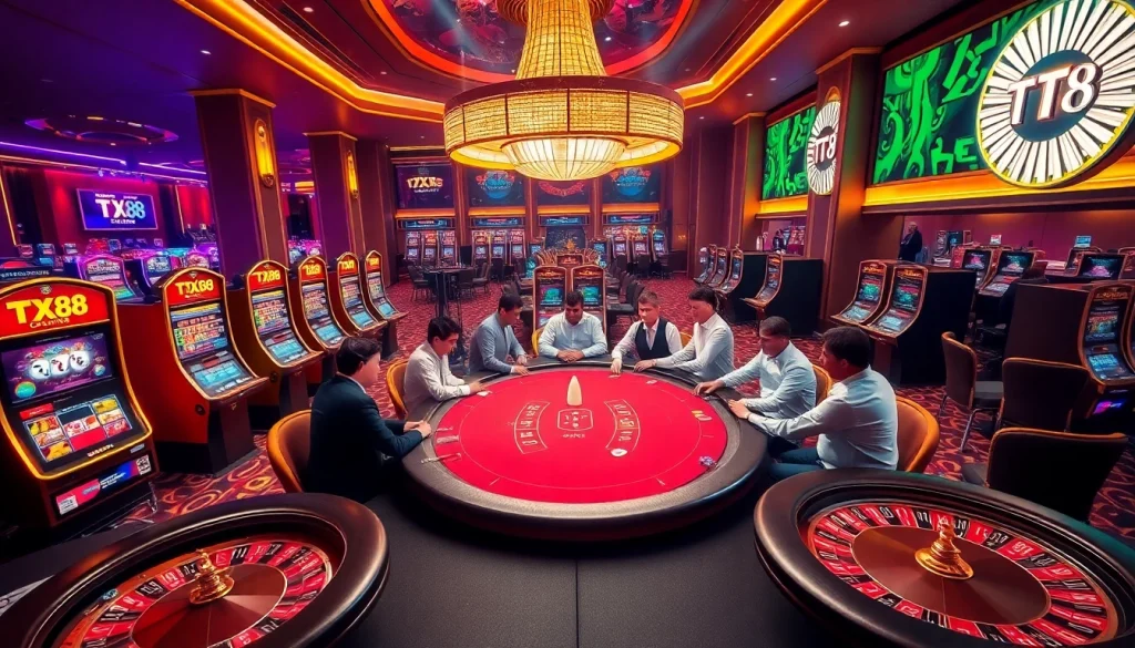 TX88 gamblers strategizing at a luxurious casino poker table amidst vibrant gaming visuals.