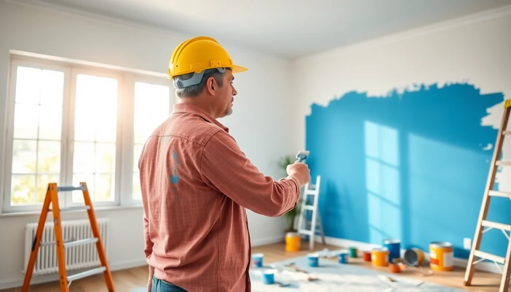 Painting Contractors at work in a residential space, applying vibrant blue paint.